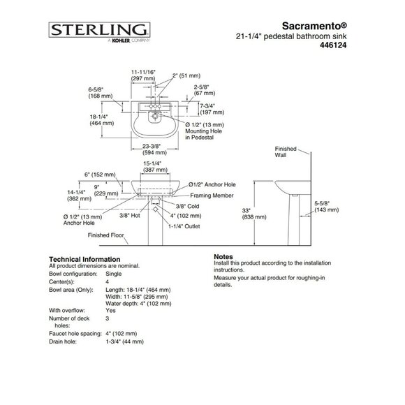 Sterling 446124-0 Sacramento Oval Bathroom Sink White 4" Faucet Holes - Picture 3 of 7
